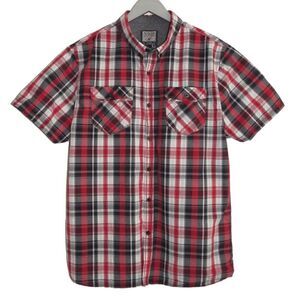 Men's XIOS New York Red Black White Plaid Short Sleeve‎ Button Up Shirt XL